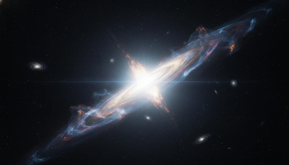 Яркое ядро активной галактики в окружении разреженного межзвездного газа в глубоком космосе.