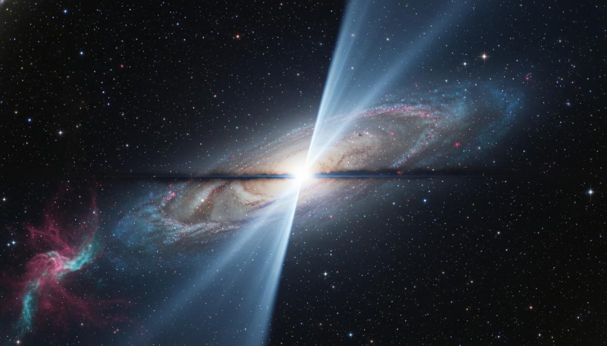 Спиральная галактика с темной пылевой полосой и яркой вспышкой, выпускающей два узких луча света в космос