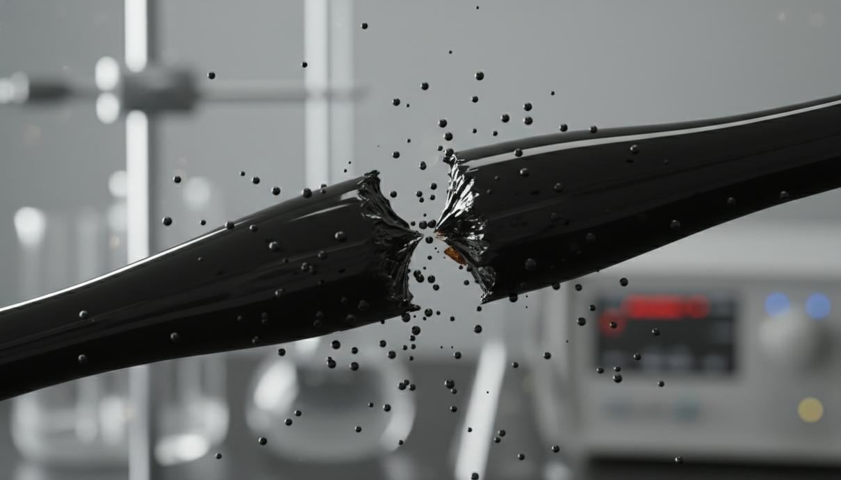 Момент механического разрыва струи густой темной жидкости с четким краем излома в лаборатории.