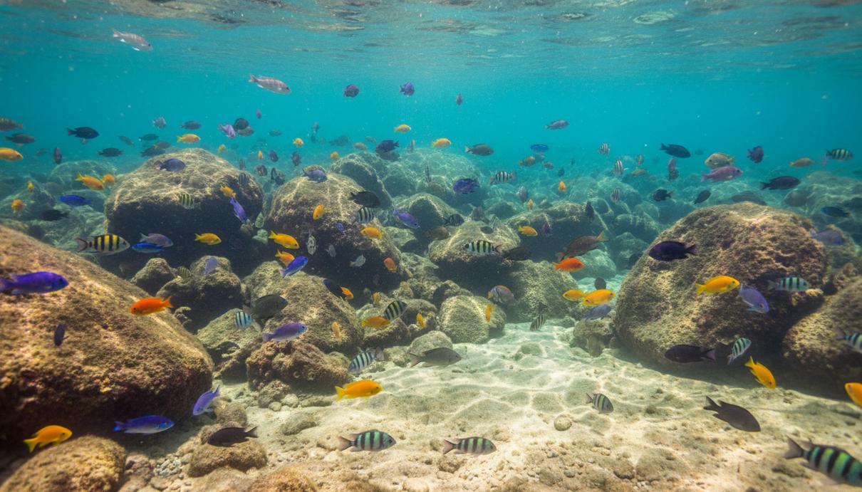 Разноцветные цихлиды в прозрачной воде озера Малави над песчаным дном и скалистыми рифами.