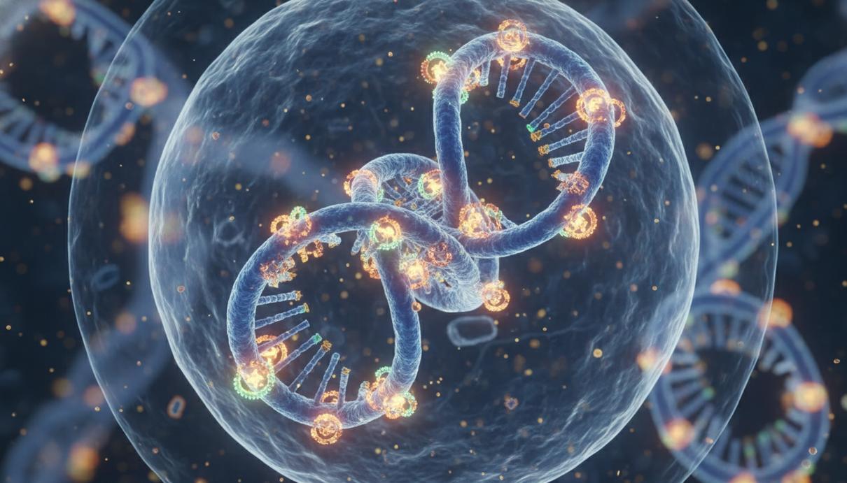 Микроскопическое изображение молекулярных петель ДНК внутри клеточного ядра