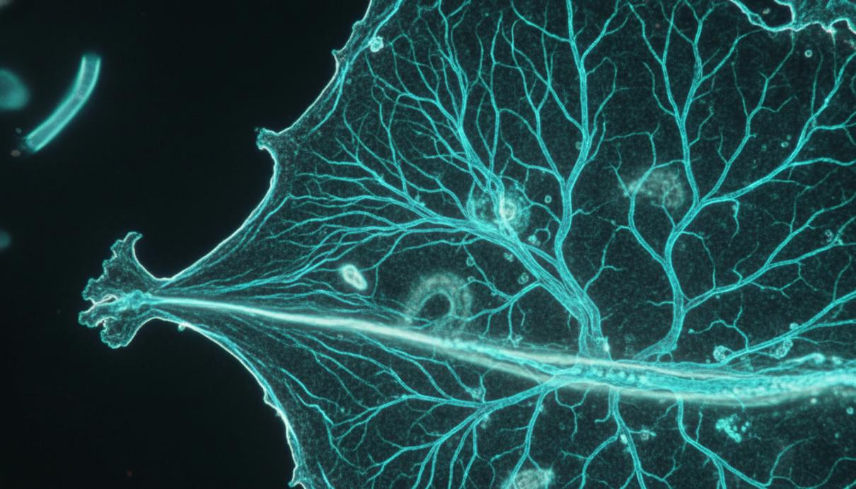 Микроскопическое изображение живой клетки с подсвеченными белками и направленным потоком цитоплазмы.