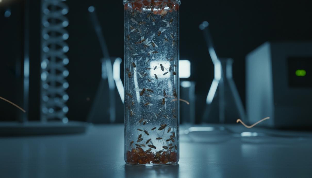 Макросъемка плодовых мушек в стеклянном лабораторном контейнере под синим светом в темном помещении.