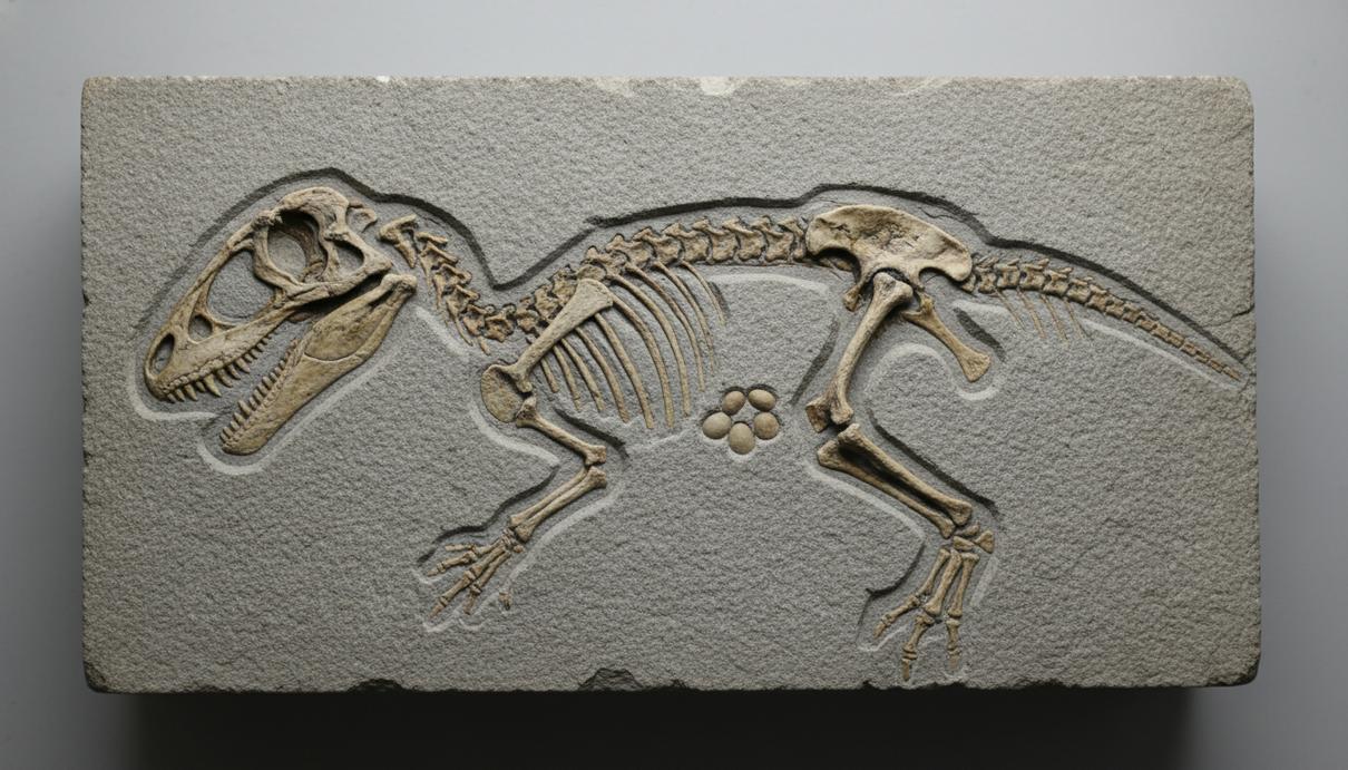 Окаменелые кости небольшого динозавра и скопление мелких желудочных камней в куске серой породы.