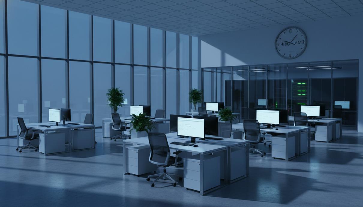 Интерьер пустого офиса в предрассветные часы с включенными мониторами на столах и настенными часами.