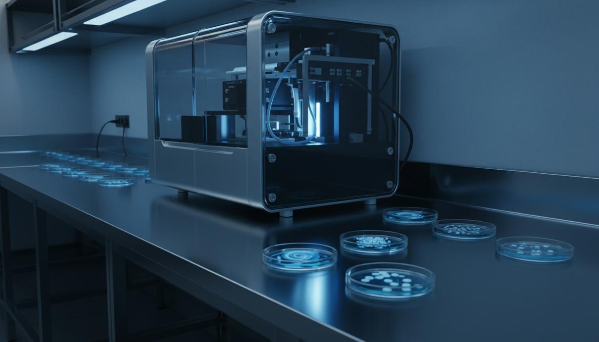 Лабораторное оборудование для генетических исследований и пробы биоматериала в чашках Петри на столе.