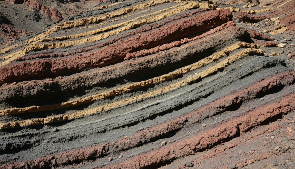 Слоистые вулканические горные породы в массиве Антиатлас в Марокко под открытым небом.