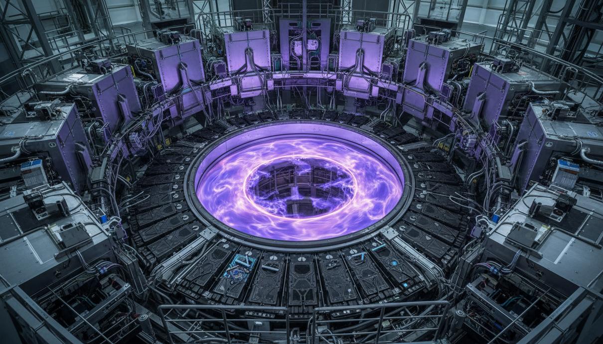 Внутреннее пространство вакуумной камеры токамака со светящимся кольцом плазмы и металлическими элементами дивертора