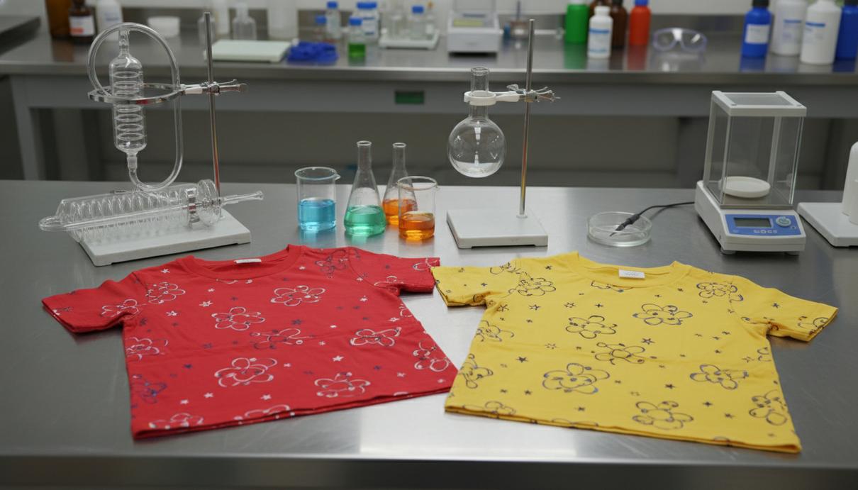 Яркие детские футболки на лабораторном столе рядом с химической посудой и измерительными приборами