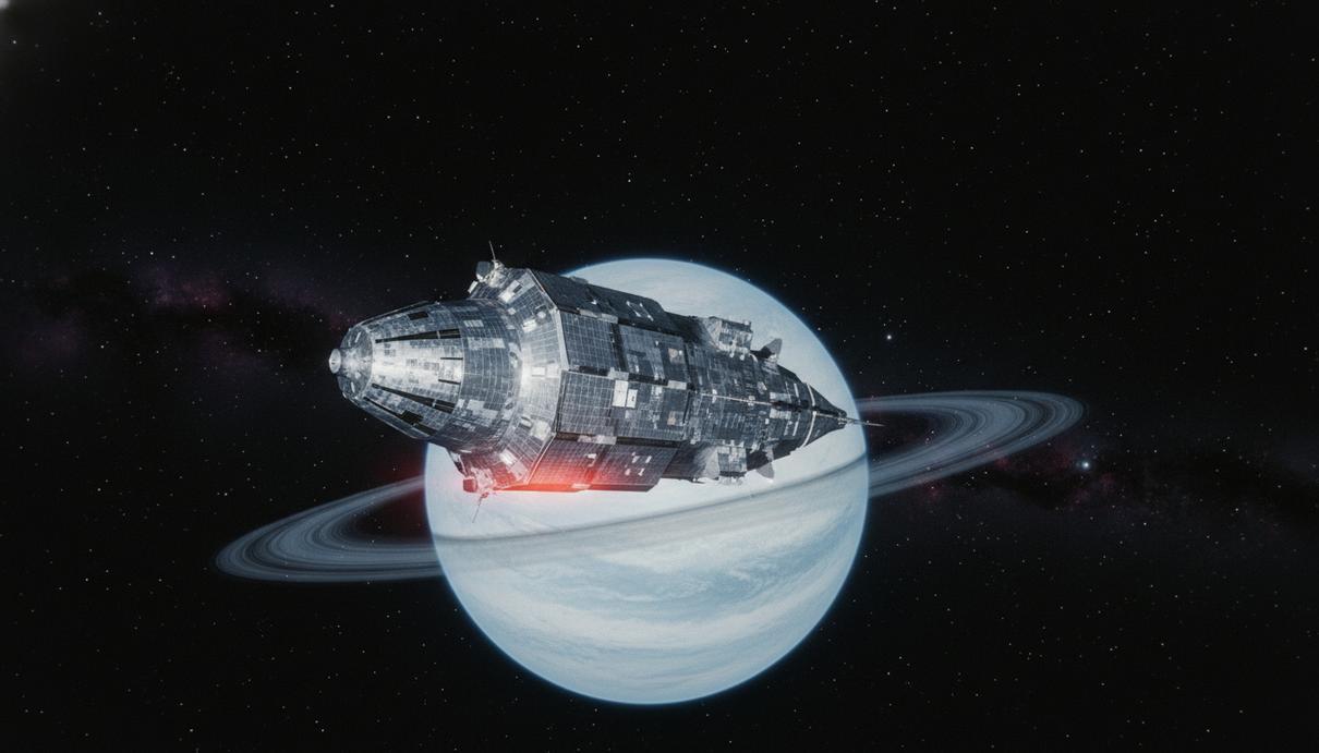 Серебристый космический корабль на фоне бледно-голубой планеты Уран с тонкими кольцами