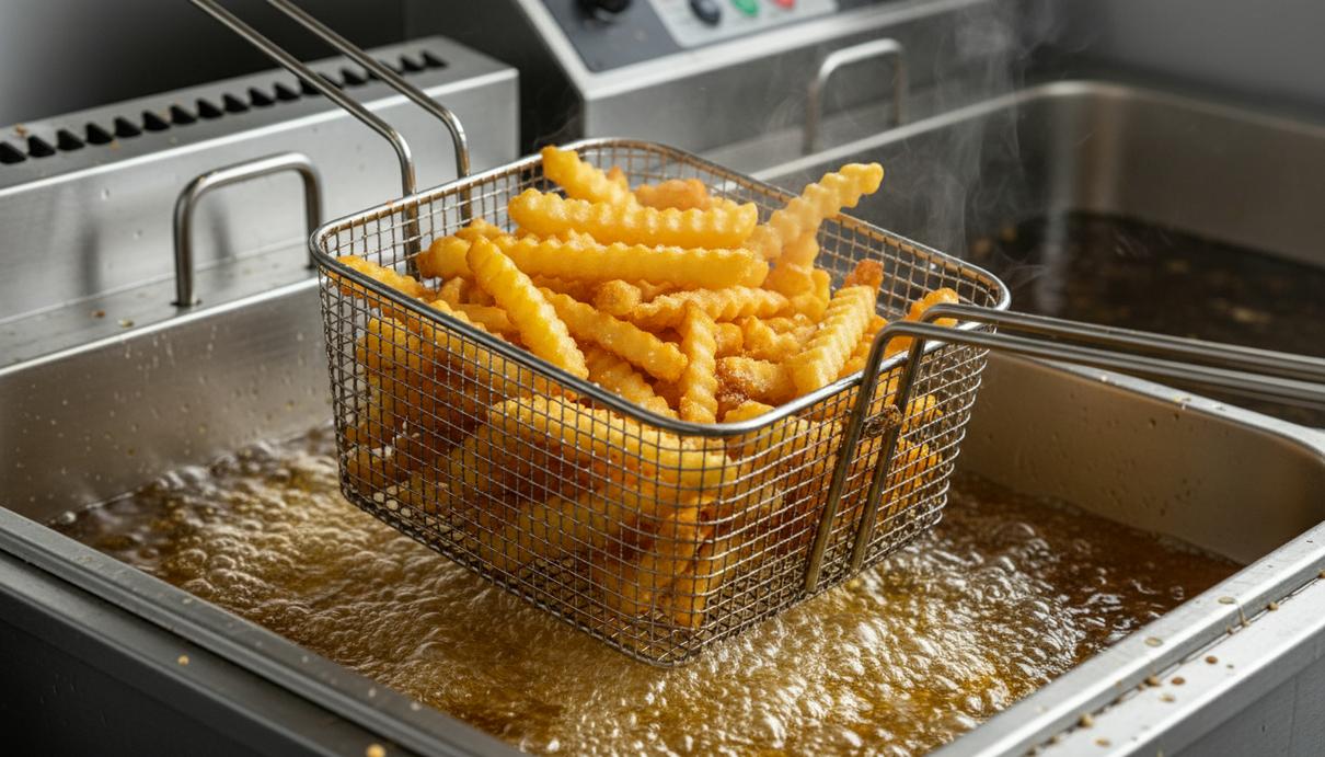 Золотистый картофель фри в металлической корзине промышленной фритюрницы в кипящем масле