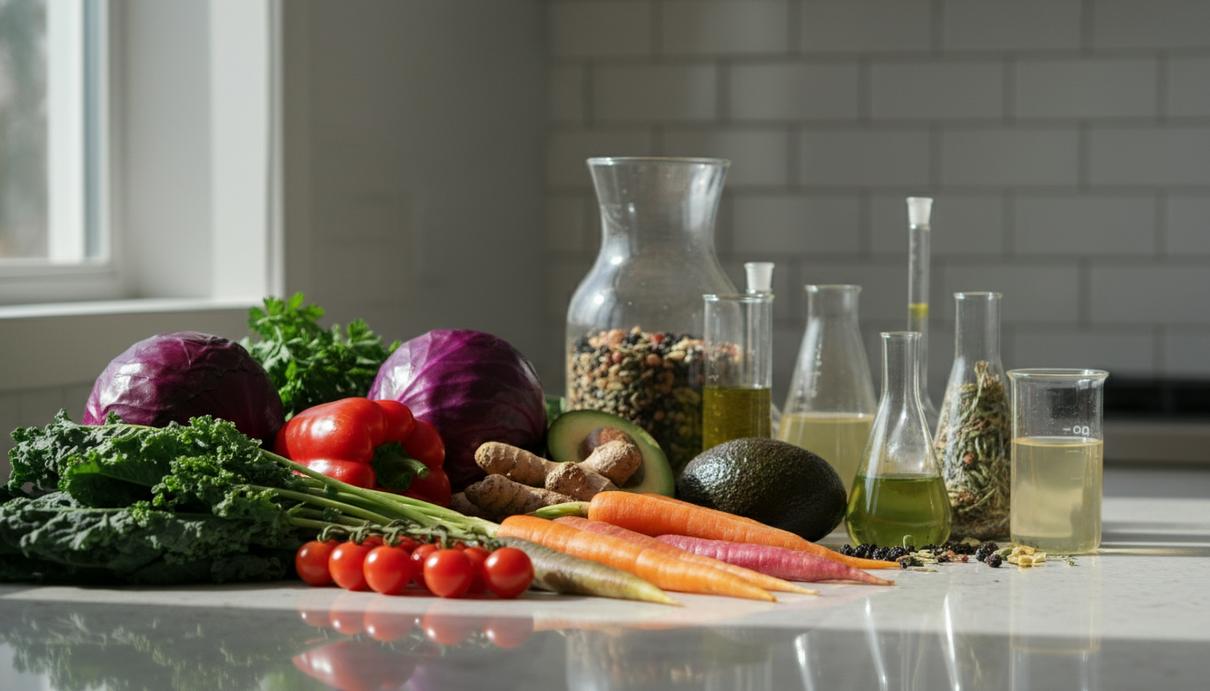 Свежие овощи и растительные продукты в светлом интерьере рядом с лабораторными емкостями.