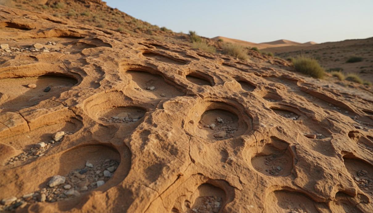 Крупный план поверхности осадочной породы с узором из мелких складок на фоне каменистого склона.