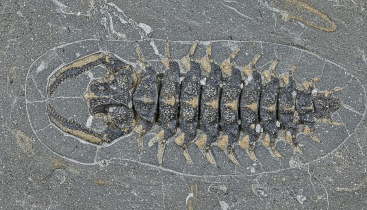 Окаменелость древнего морского существа с сегментированным телом в куске серой горной породы.