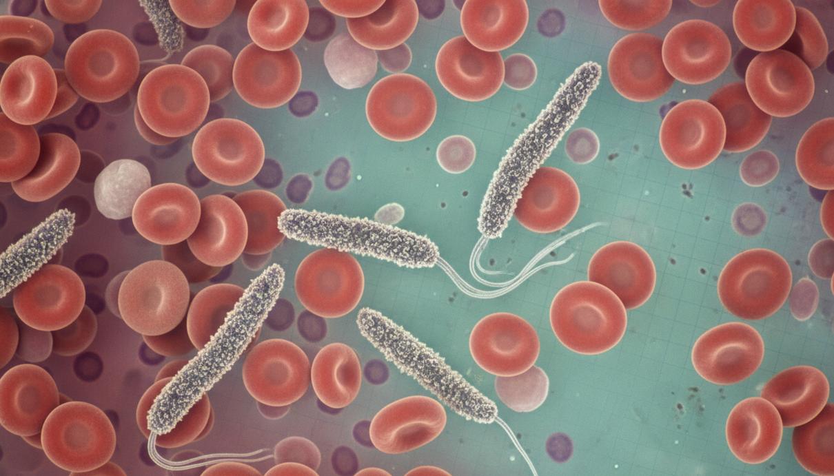 Африканские трипаносомы в плазме крови в окружении красных кровяных телец под микроскопом.