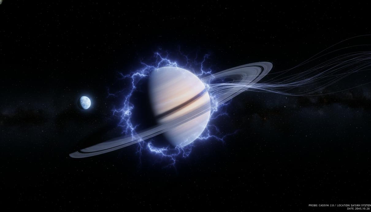 Вид на Сатурн с кольцами и спутник Энцелад в окружении светящейся плазмы на фоне космоса