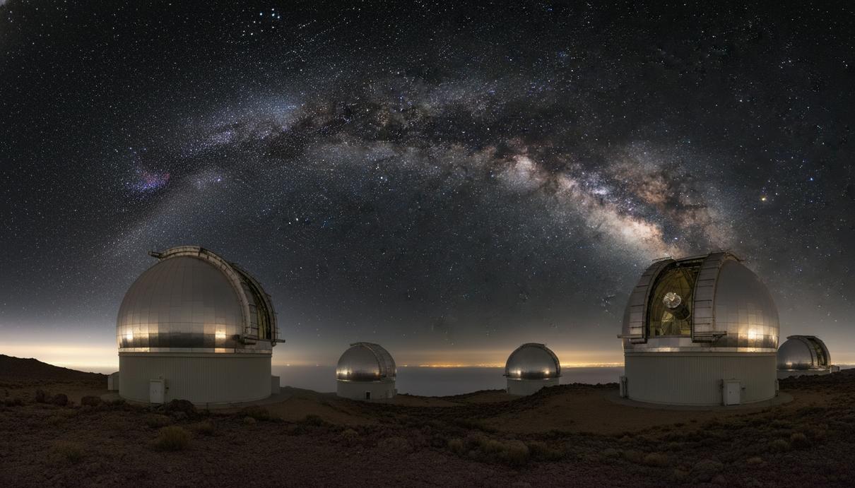 Купола астрономической обсерватории в горах под ночным небом с яркими звездами и Млечным Путем.