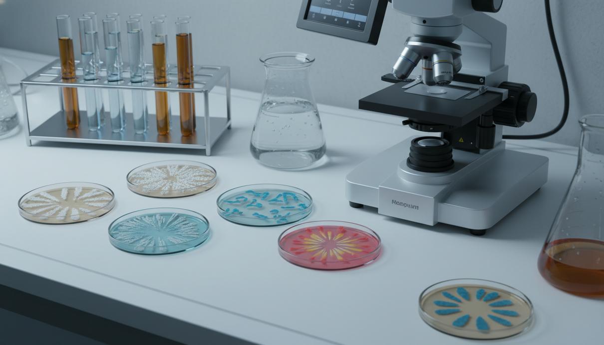 Стеклянные чашки Петри с культурами бактерий и лабораторные пробирки на столе в научной лаборатории.