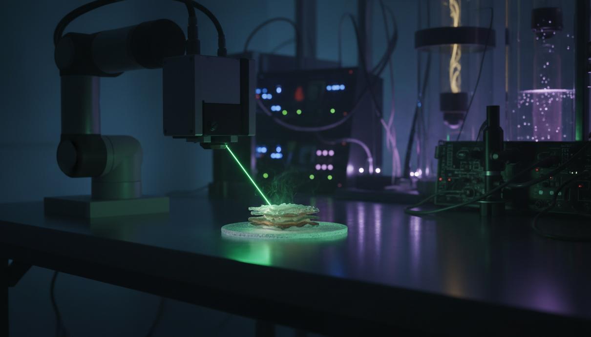 Многослойное органическое устройство на металлической подложке под тонким лучом лазера в лаборатории