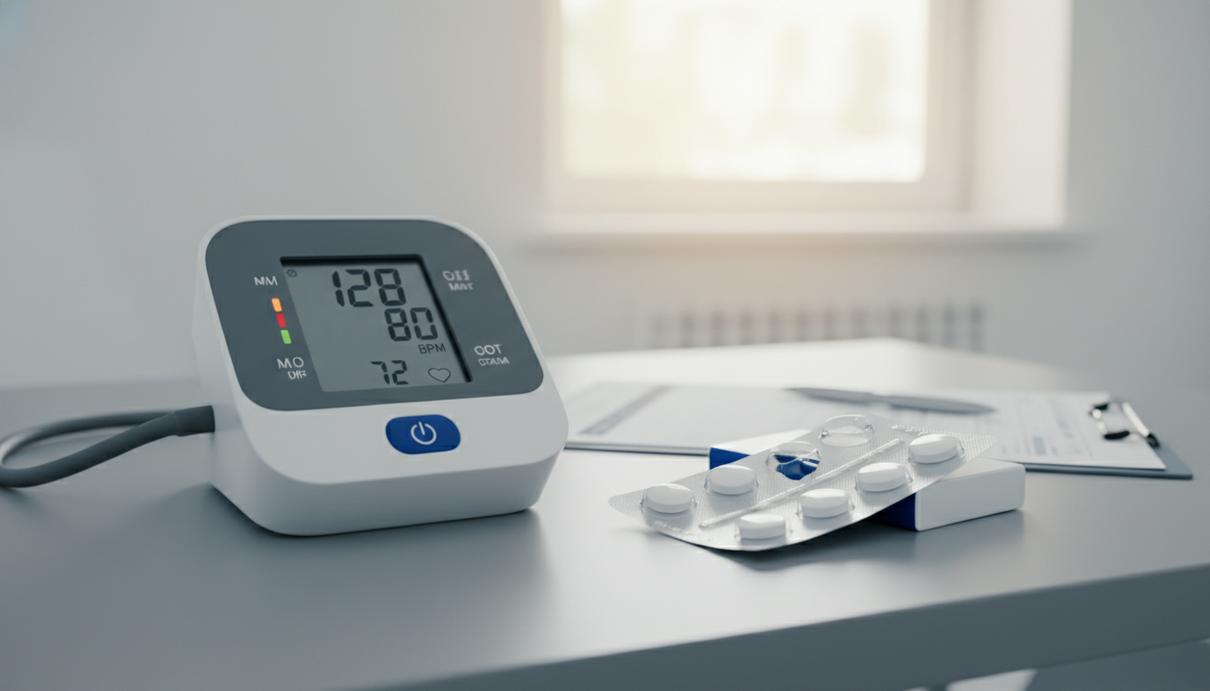 Электронный тонометр с цифровым дисплеем и упаковка таблеток на белой поверхности в медицинском кабинете