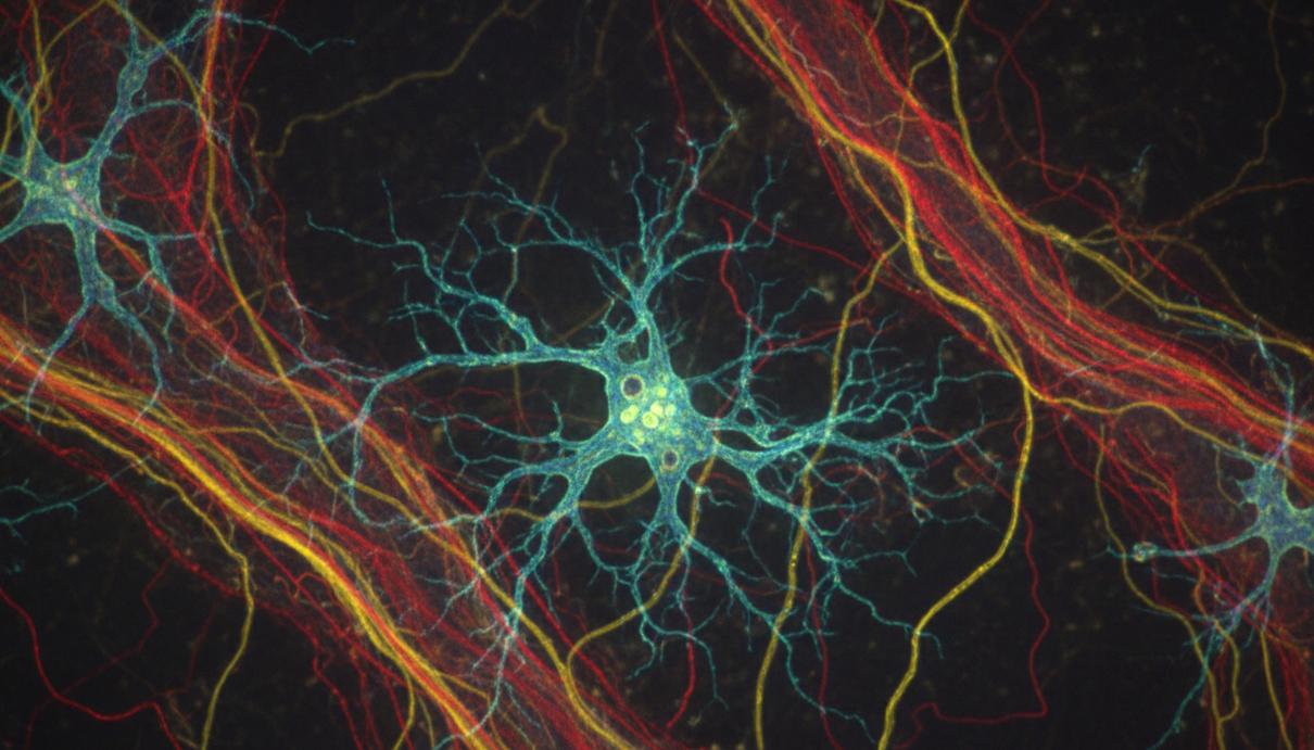 Микроскопический снимок звездчатых клеток мозга со светящимися нейронными связями на темном фоне
