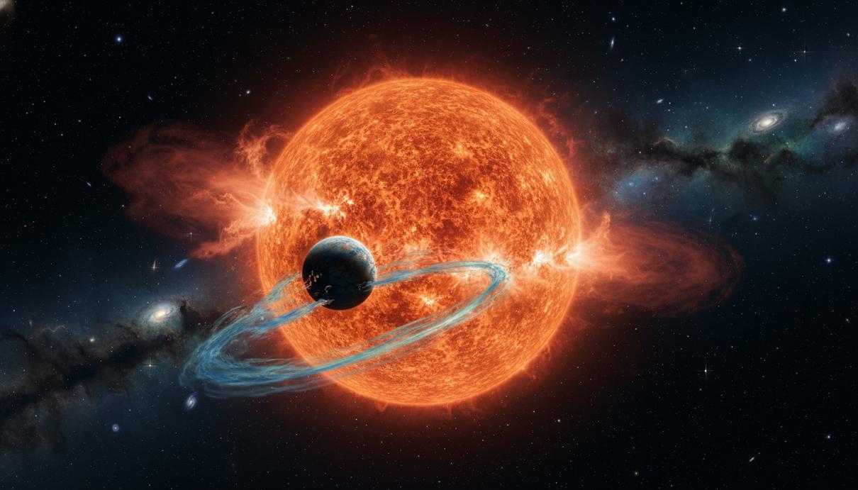 Огромная красная звезда поглощает атмосферу находящейся рядом с ней планеты-гиганта в глубоком космосе