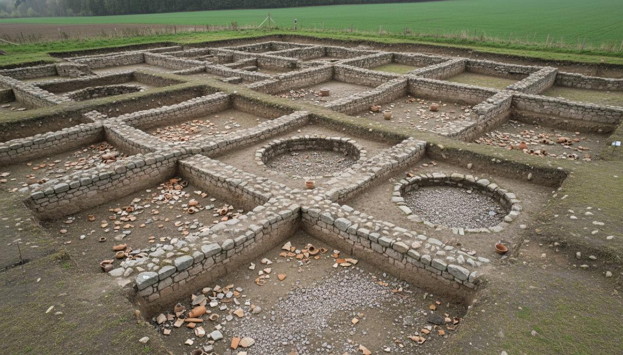 Археологические раскопки фундамента древнеримского храмового комплекса с остатками каменных стен.