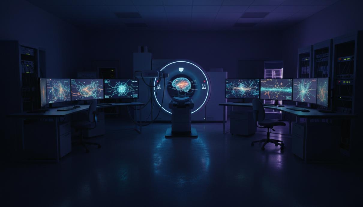 Лабораторное оборудование для нейровизуализации и мониторы с графиками активности головного мозга.
