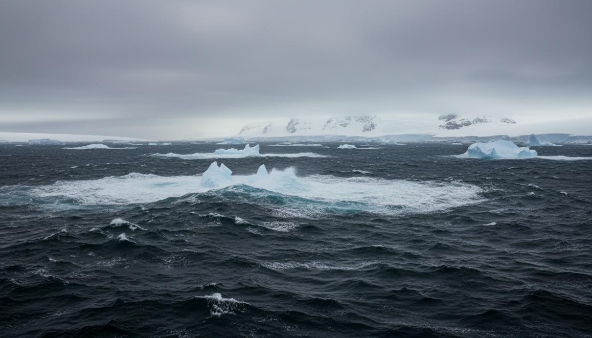 Ученые установили причины возникновения Антарктического циркумполярного течения Вид на темные волны Южного океана и заснеженные берега Антарктиды с дрейфующими льдинами