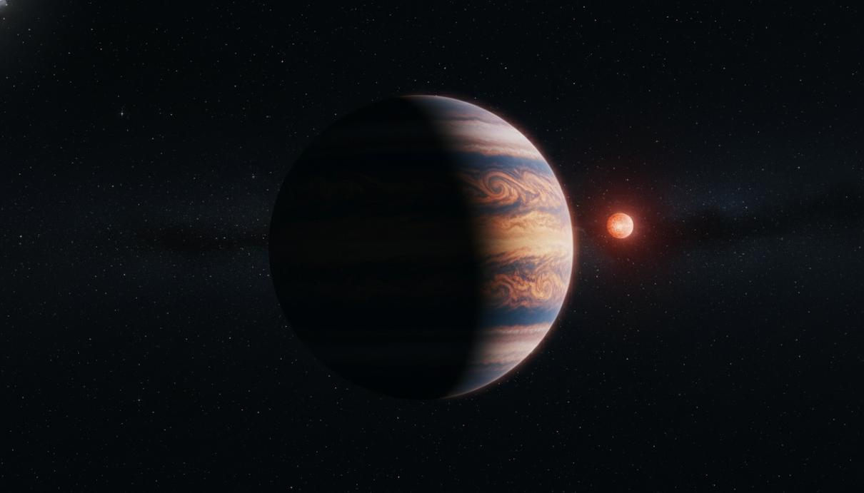 Данные телескопа Уэбб раскрыли аномальный состав атмосферы планеты TOI-5205 b Газовая планета-гигант на фоне небольшой красной звезды в черном космосе