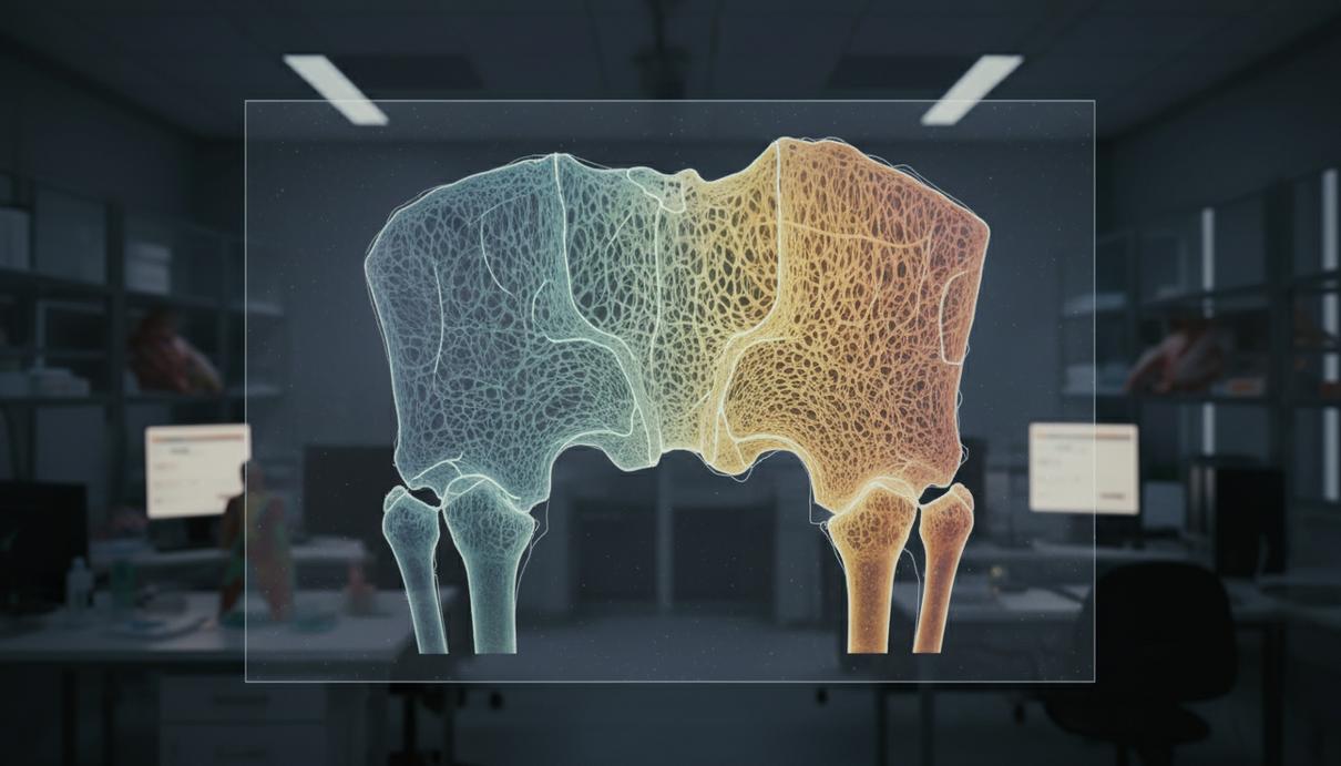 Немецкие биологи нашли способ восстанавливать плотность костей при остеопорозе Трехмерная модель внутренней пористой структуры бедренной кости человека в разрезе.