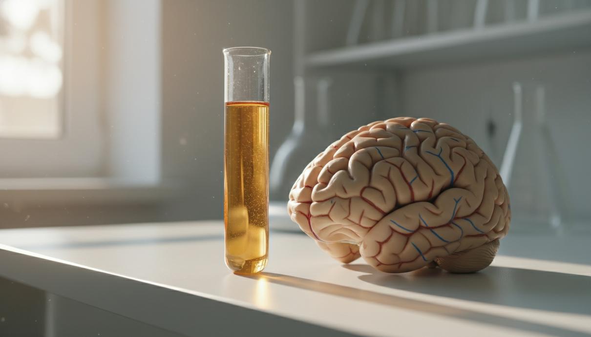 Стеклянная лабораторная пробирка с золотистой жидкостью на столе рядом с анатомической моделью мозга