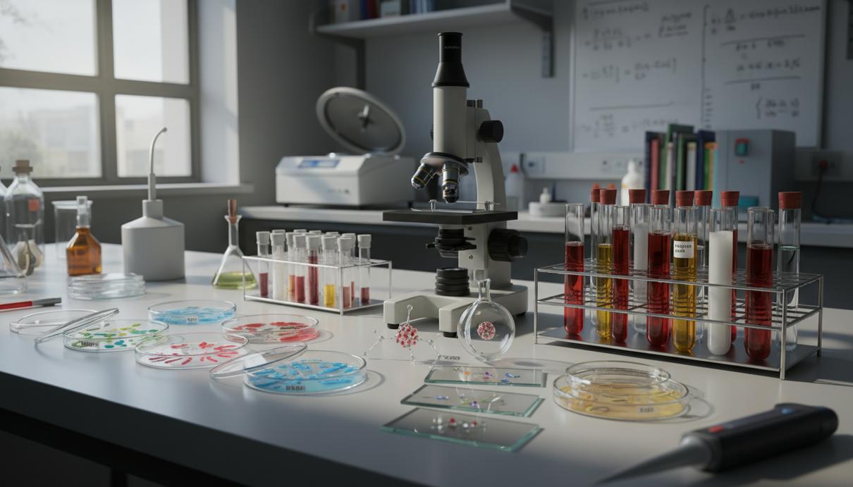 Ученые идентифицировали ген для транспортировки квеозина в клетки человека Лабораторное оборудование, чашки Петри с биологическими образцами и микроскоп на рабочем столе.