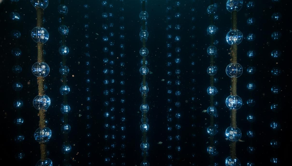 Теория первичных черных дыр объяснила природу аномального нейтрино Сферические детекторы глубоководной нейтринной станции, подсвеченные синим в темной морской воде