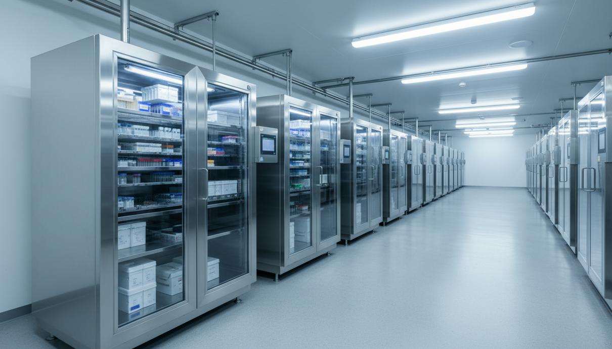 Ряды специализированного холодильного оборудования в чистом помещении медицинской лаборатории.