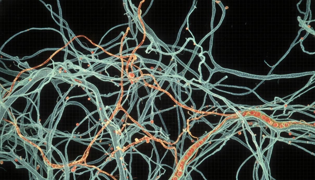 Ученые определили роль белка CSE в развитии болезни Альцгеймера Микроскопическое изображение нейронных связей и капилляров в тканях головного мозга.