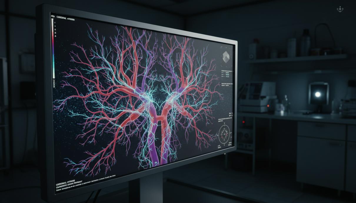 Ученые обнаружили новый канал вывода продуктов жизнедеятельности мозга Экран медицинского монитора с трехмерной визуализацией сосудов мозга и путей лимфатического дренажа