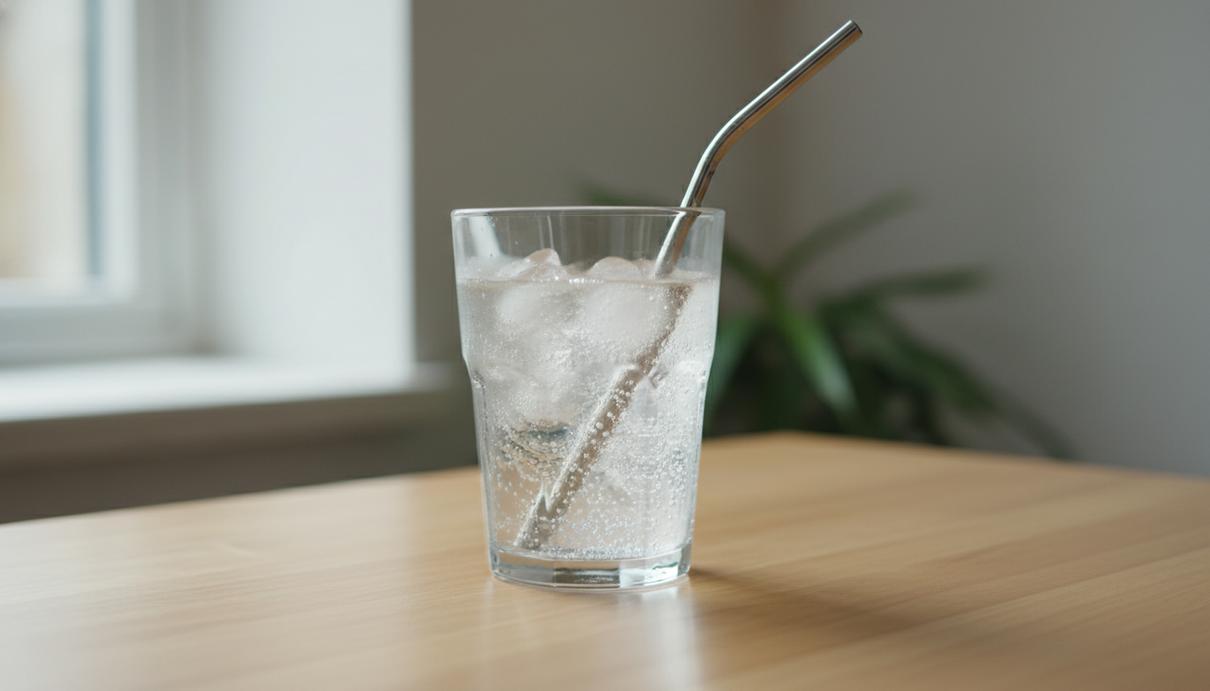 Прозрачный стакан с газированным напитком, льдом и металлической трубочкой на деревянном столе.