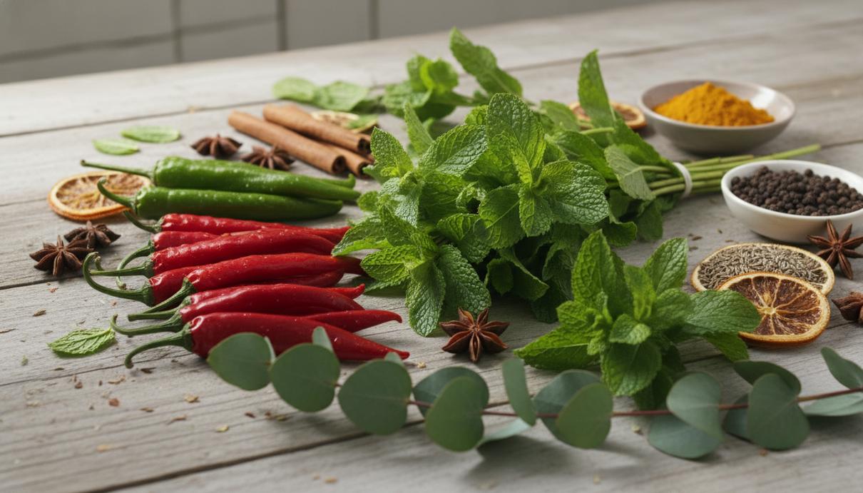 Набор свежих трав и специй, включая перец чили, мяту и эвкалипт, на деревянной поверхности.