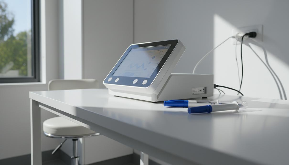 Аппарат для анализа состава тела и инъекционные препараты на столе в медицинском кабинете
