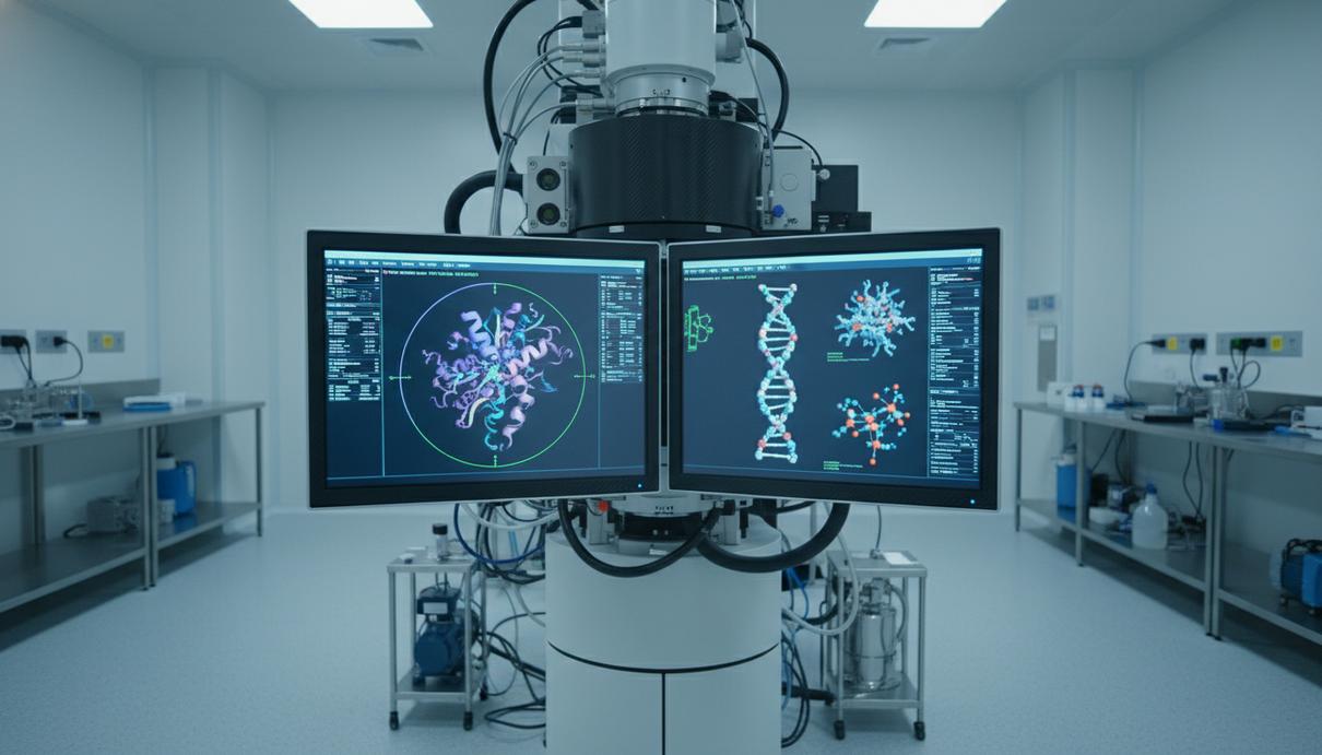 Современный криоэлектронный микроскоп в научной лаборатории и мониторы с трехмерными моделями белков
