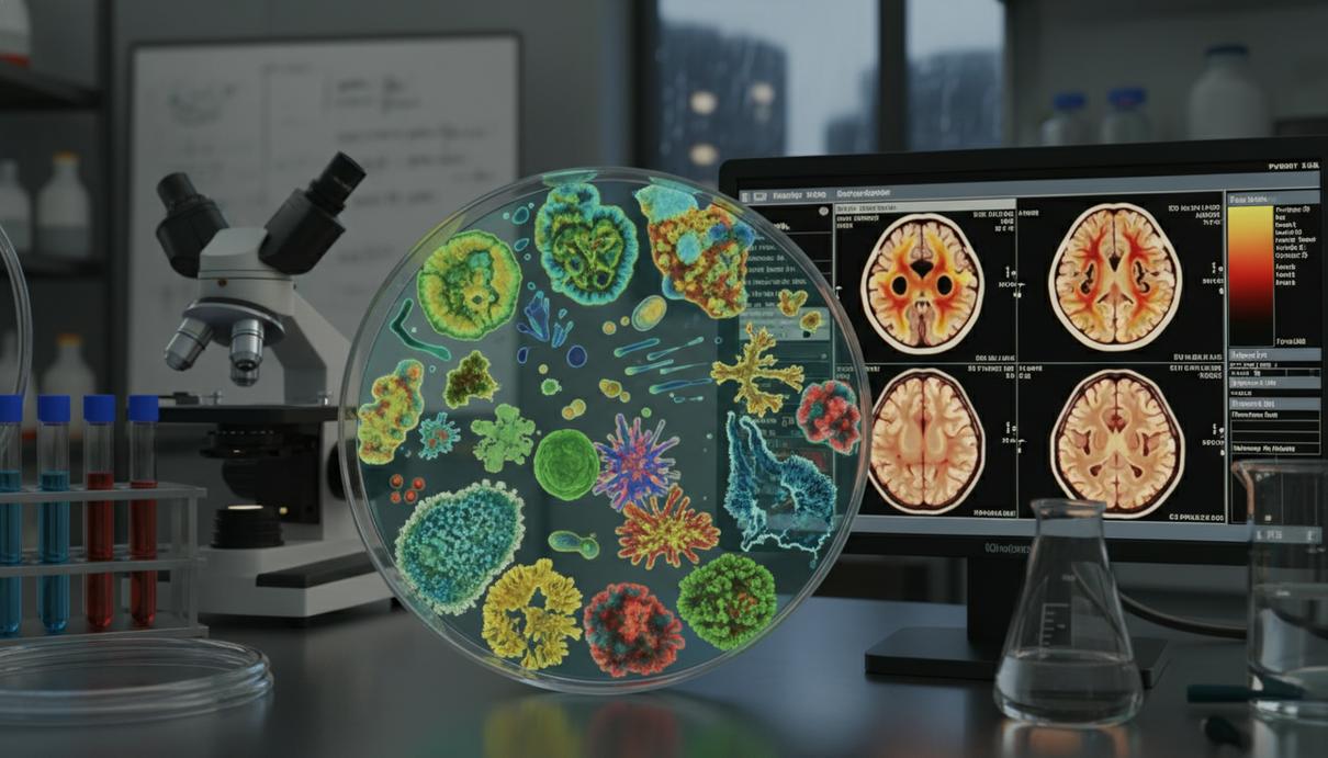 Медицинский монитор со снимком мозга рядом с чашкой Петри в исследовательской лаборатории.