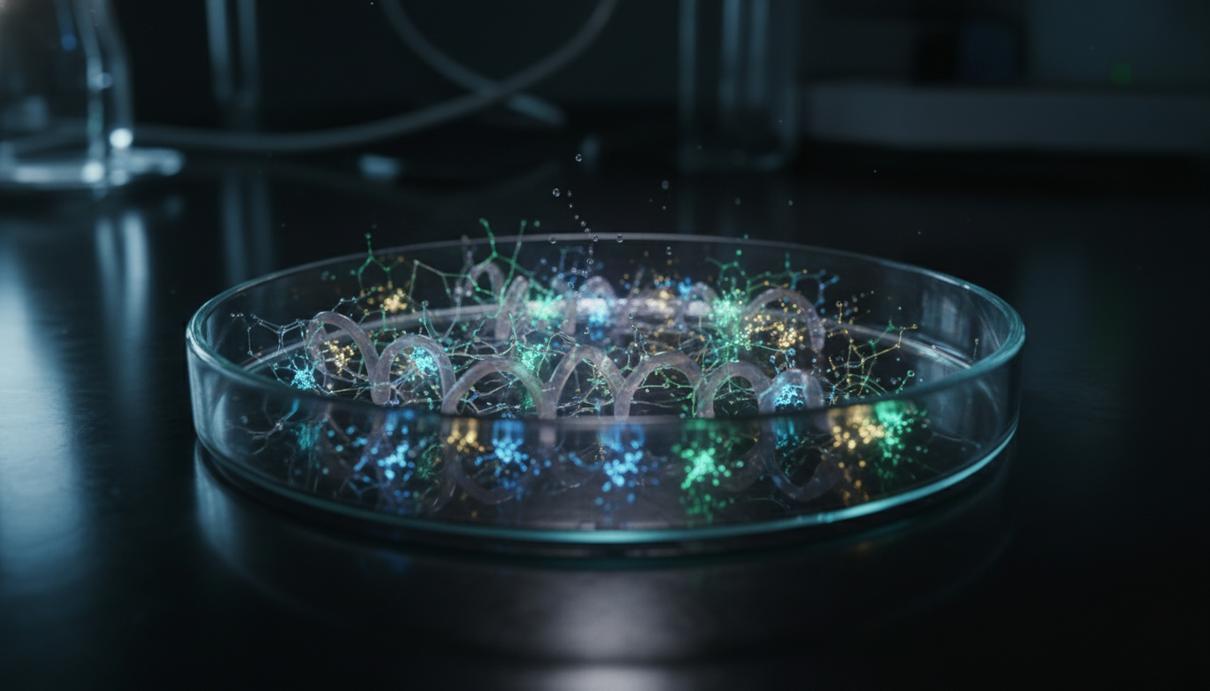 Стеклянная чашка Петри с молекулярными структурами и светящимися белковыми кластерами на темном фоне.