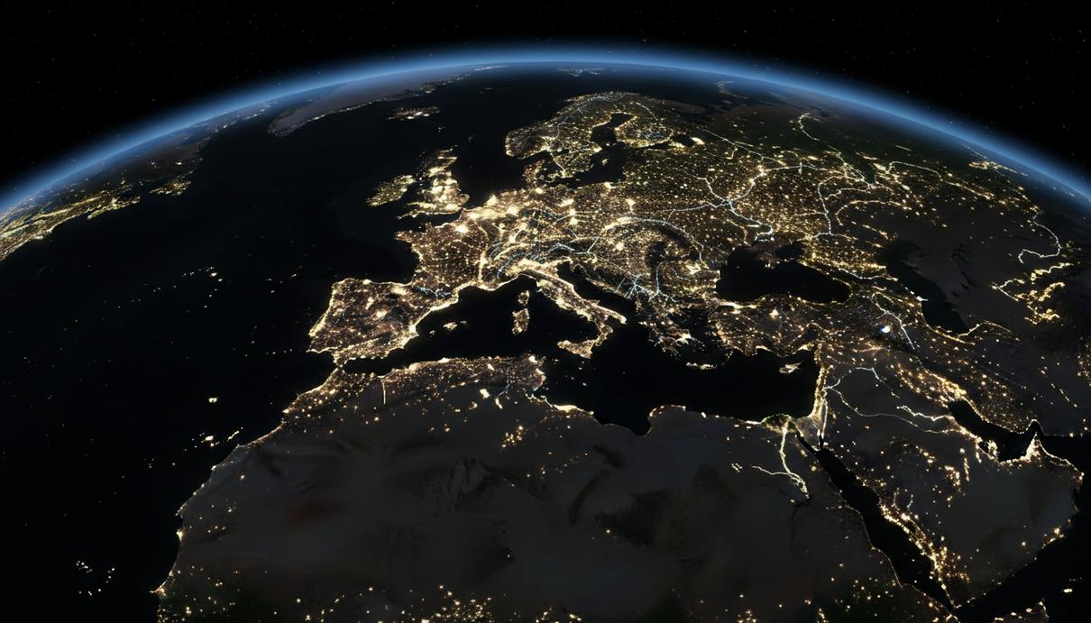Вид на Землю из космоса ночью с яркими сетями городских огней на фоне темных континентов и океанов.