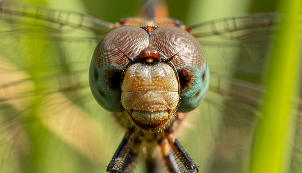 Ученые обнаружили сходство в механизмах красного зрения стрекоз и человека Макросъемка головы стрекозы с акцентом на фасеточные глаза на фоне размытой зеленой растительности