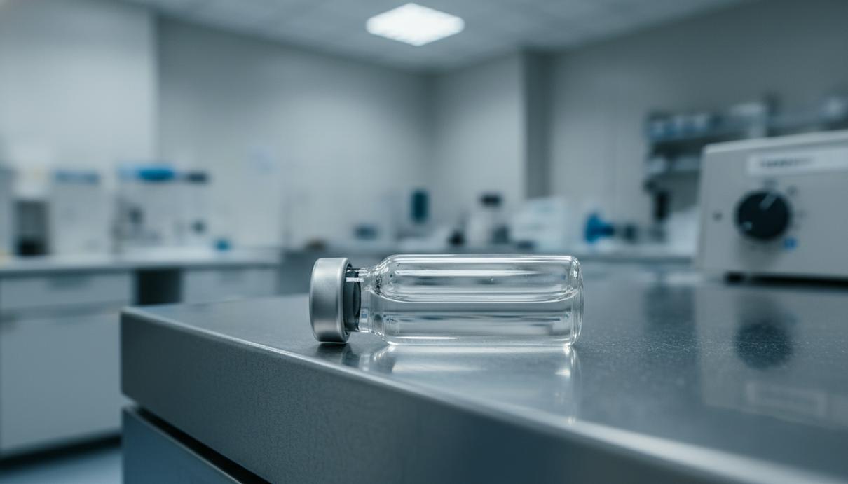 Химики подтвердили теорию 1958 года о механизме работы витамина B1 Прозрачный химический раствор в герметичной стеклянной пробирке на стальном лабораторном столе.