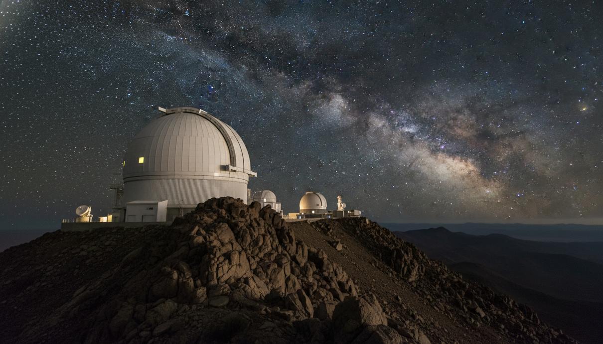Белый купол астрономической обсерватории на вершине горы на фоне ночного неба со звездами