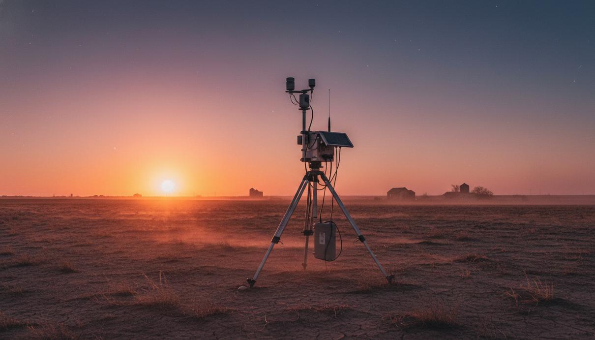 Научный прибор для мониторинга атмосферы на треноге посреди пыльного сельскохозяйственного поля в Оклахоме.