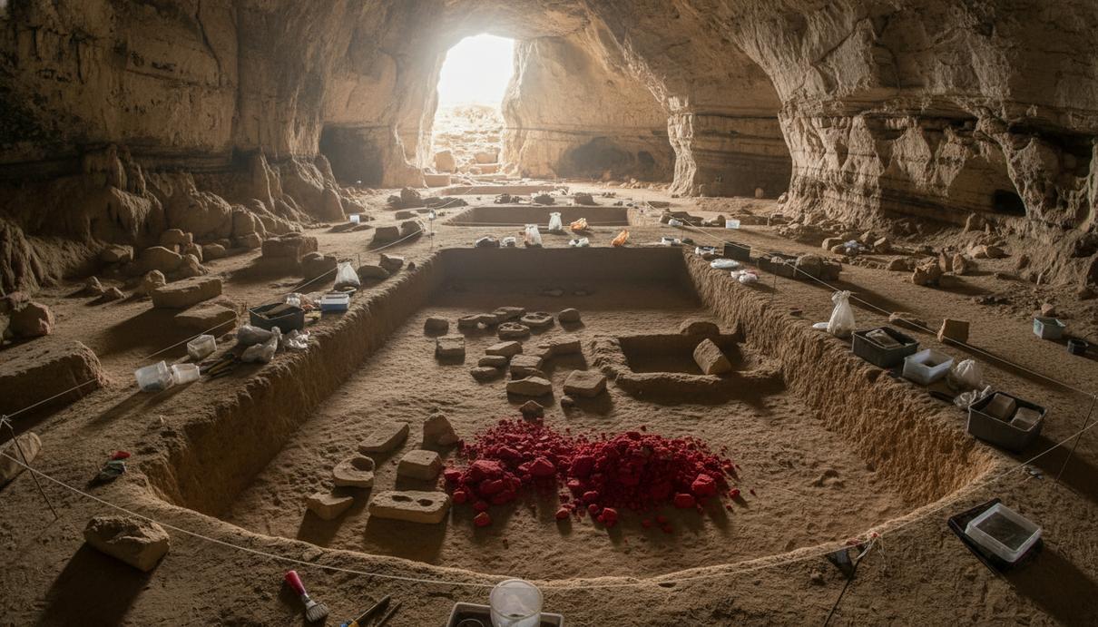 В Израиле обнаружены следы культурного обмена неандертальцев и Homo sapiens Вид на археологические раскопки в пещере с фрагментами каменных орудий и красной охры на земле