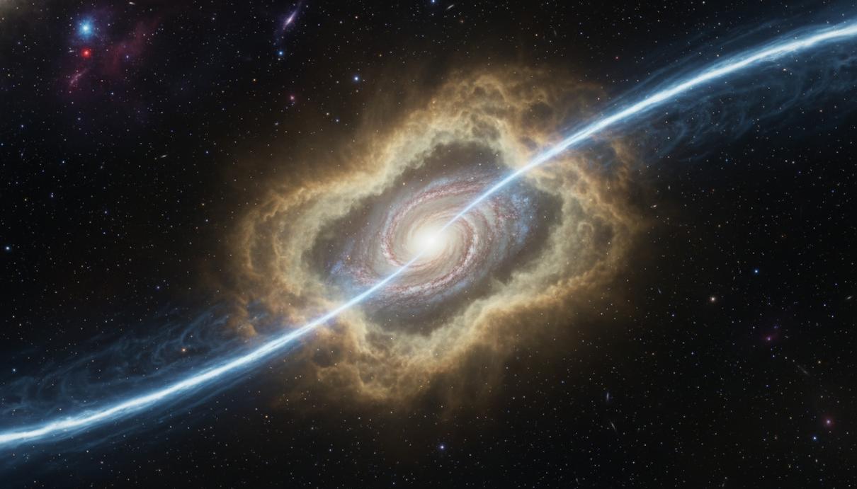 Галактика в космосе с двумя протяженными светящимися струями плазмы и облаками газа.